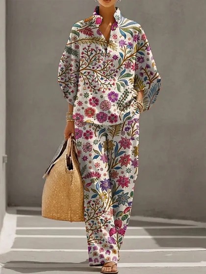 Women's Polka Dot Floral Print Long Sleeve Button-Up Top Set