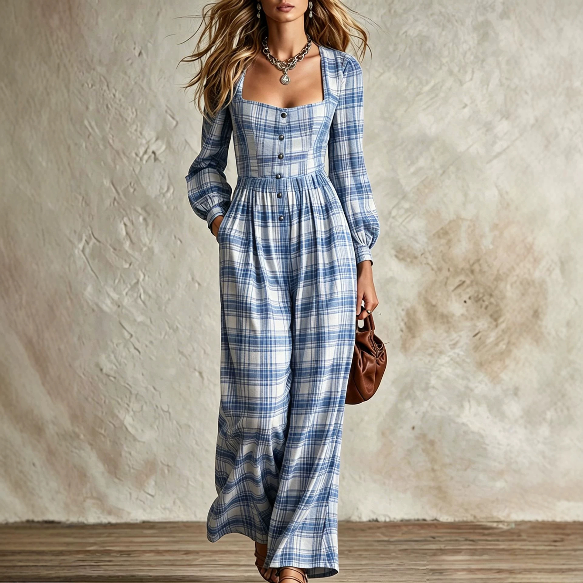 Women's Retro Plaid Square Neck Button-Front Wide-Leg Jumpsuit