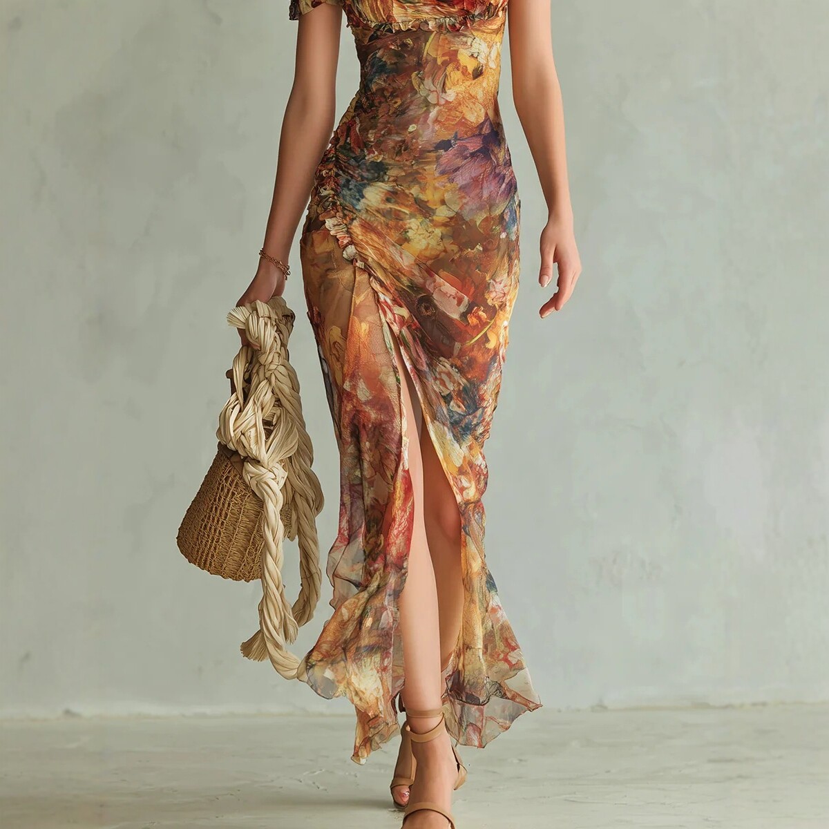 Square Neck Floral Print High-Waist Slit Maxi Dress