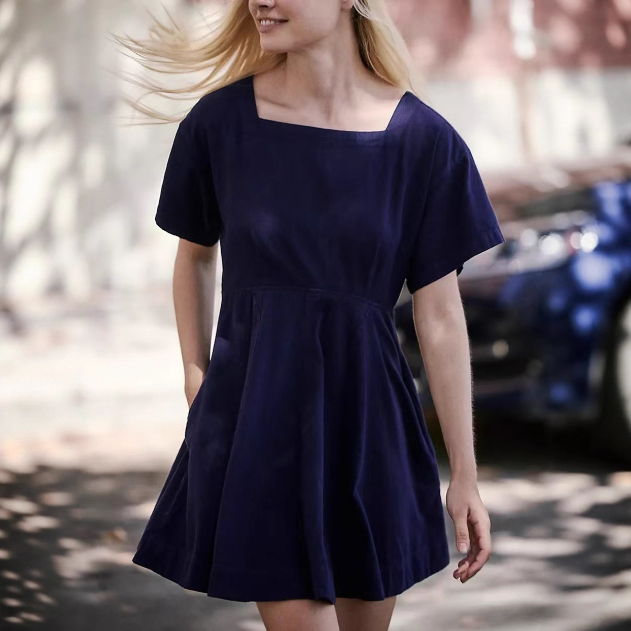 Square Neck Short Sleeve Button A-Line Mini Dress