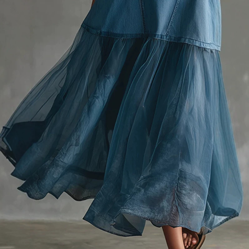 Retro Elegant Blue Denim and Tulle Patchwork Long Dress