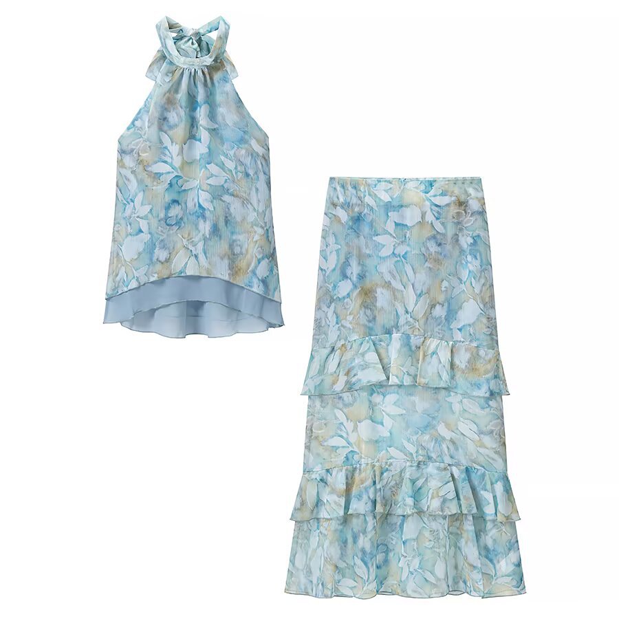 French Floral Halter Top and Midi Skirt Set