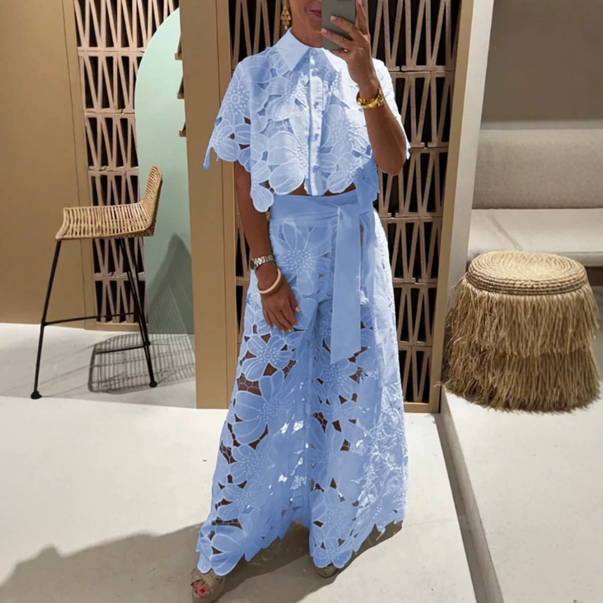 Women's Solid Color Cutout Cardigan & Wide-Leg Pants Two-Piece Set