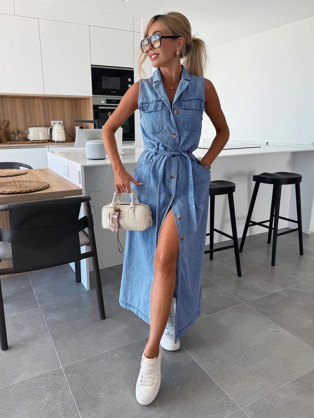 Sleeveless Long Belted Single-Breasted Denim Dress