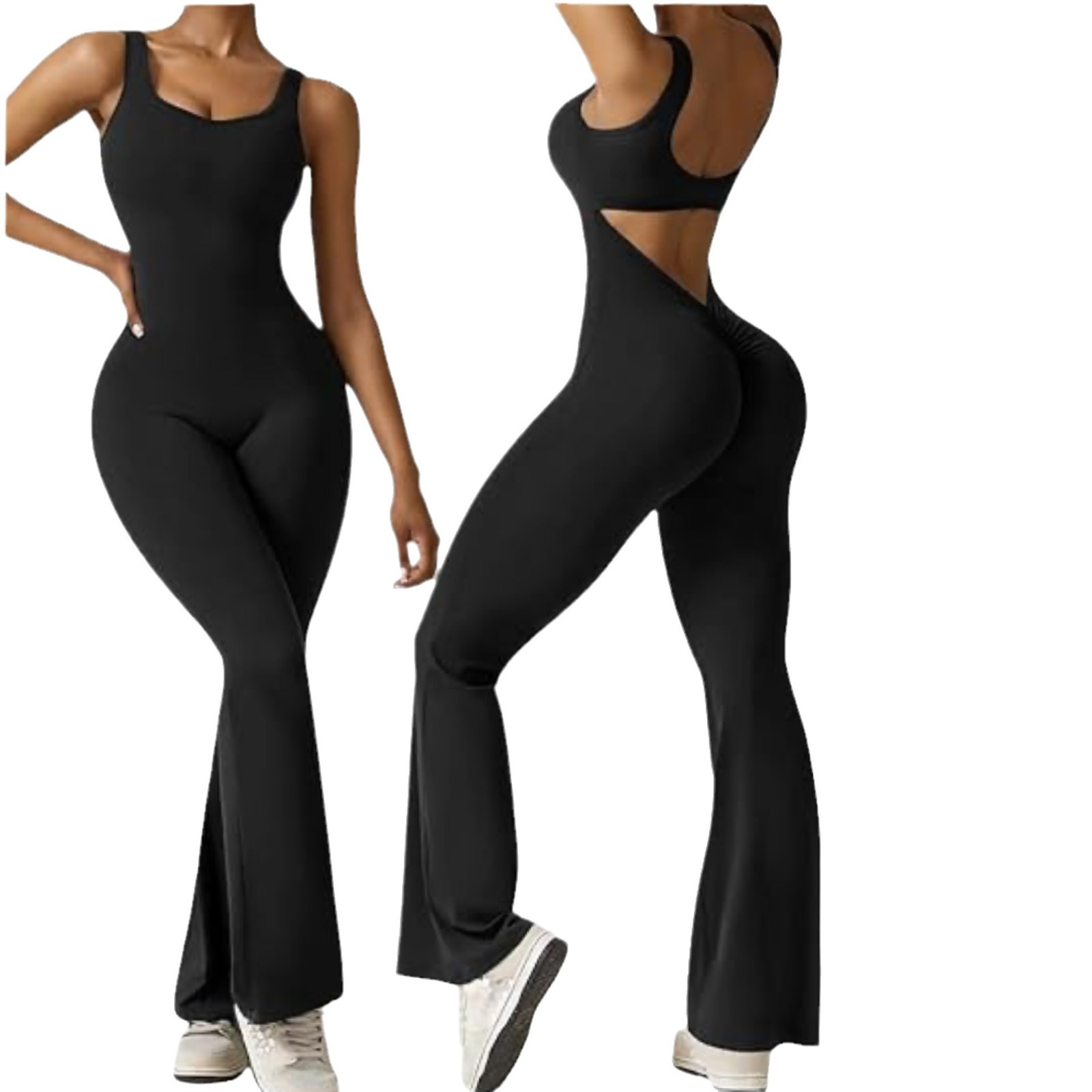 Women's Sleeveless Flared Jumpsuit with Open Back and High Waist