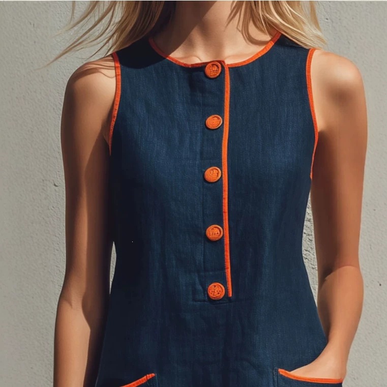 Color-Block Sleeveless Round-Neck Cotton Linen Mini Dress