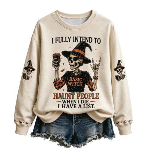 Halloween Witch Castle Print Crewneck Long Sleeve Pullover Sweatshirt