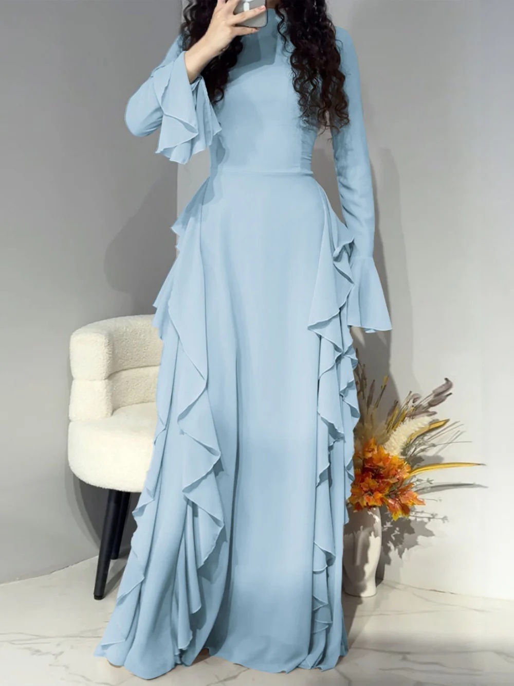 Elegant High-Waist Solid Bell-Sleeve Long Dress