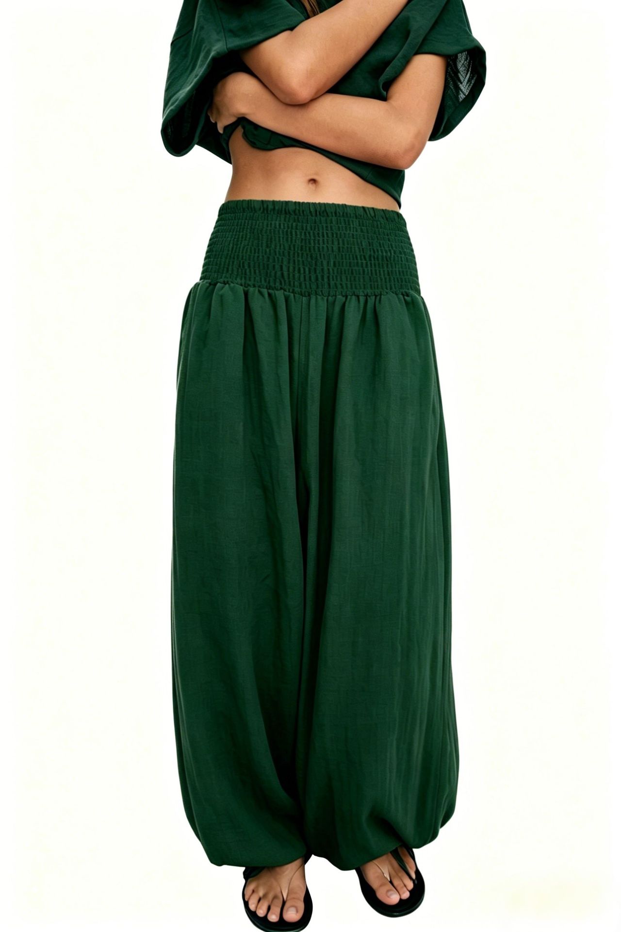 2026 Amazon New Hot-Seller Cross-Border Women's High-Waist Smocked Solid Color Cotton-Linen Fashion Casual Lantern Pants Wide-Leg Women
