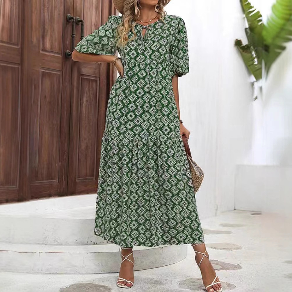 Floral Print Loose-Fit Maxi Dress with Short Sleeves and High Waist