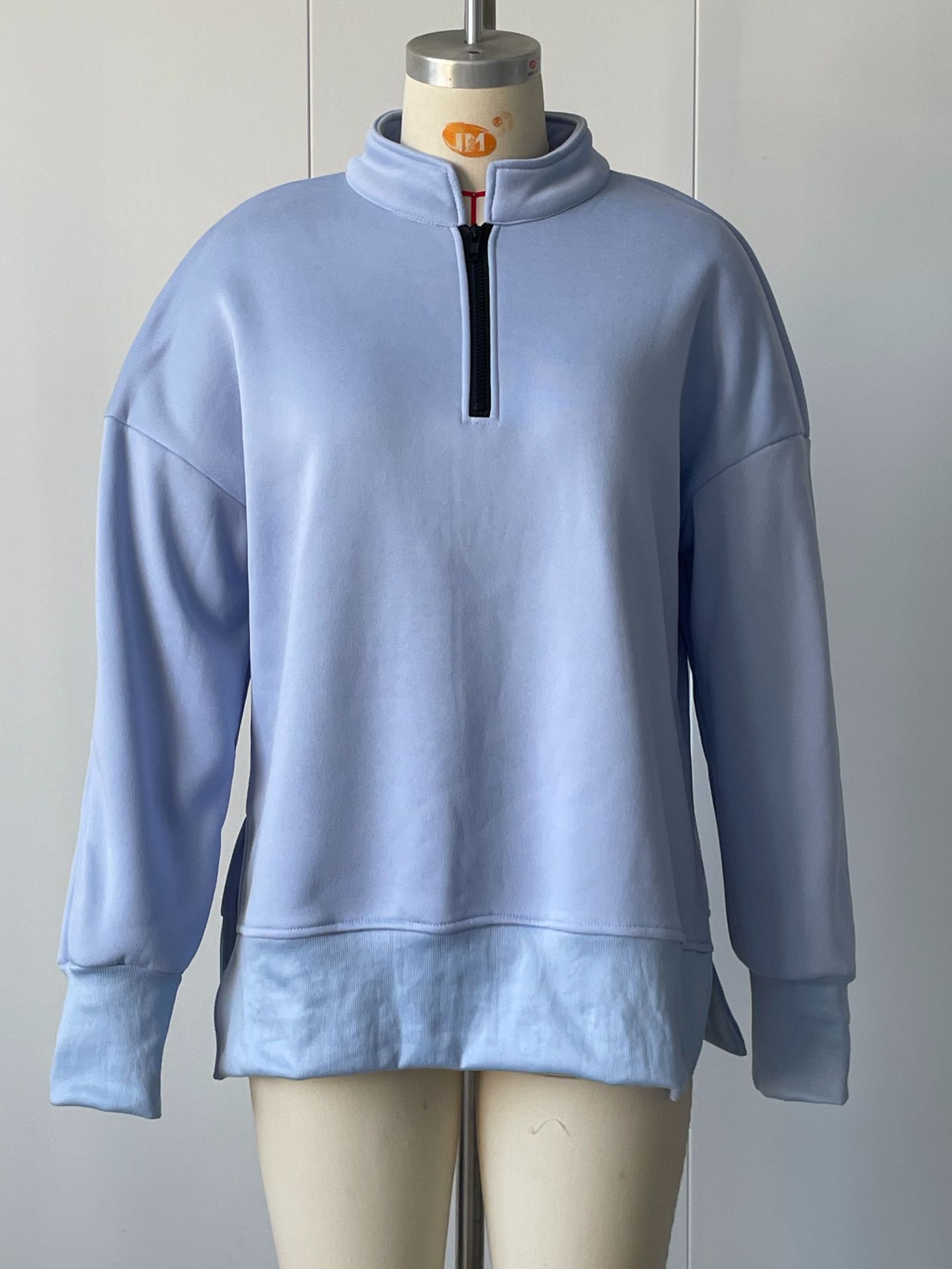 Side Slit Half-Zip Collared Solid Color Pullover Sweatshirt for Women