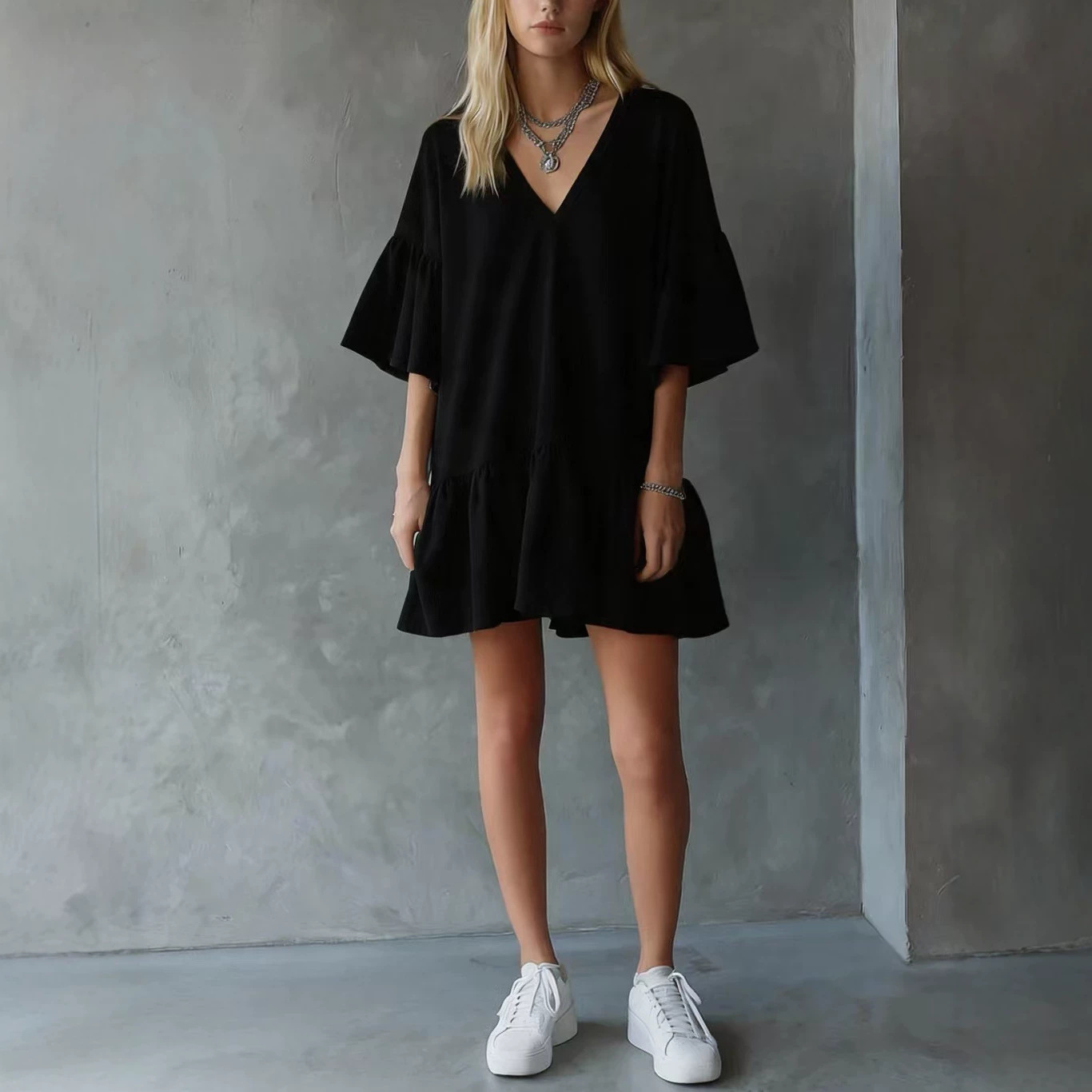 Women's Summer Ruffle V-Neck Solid Color Loose Short Dress