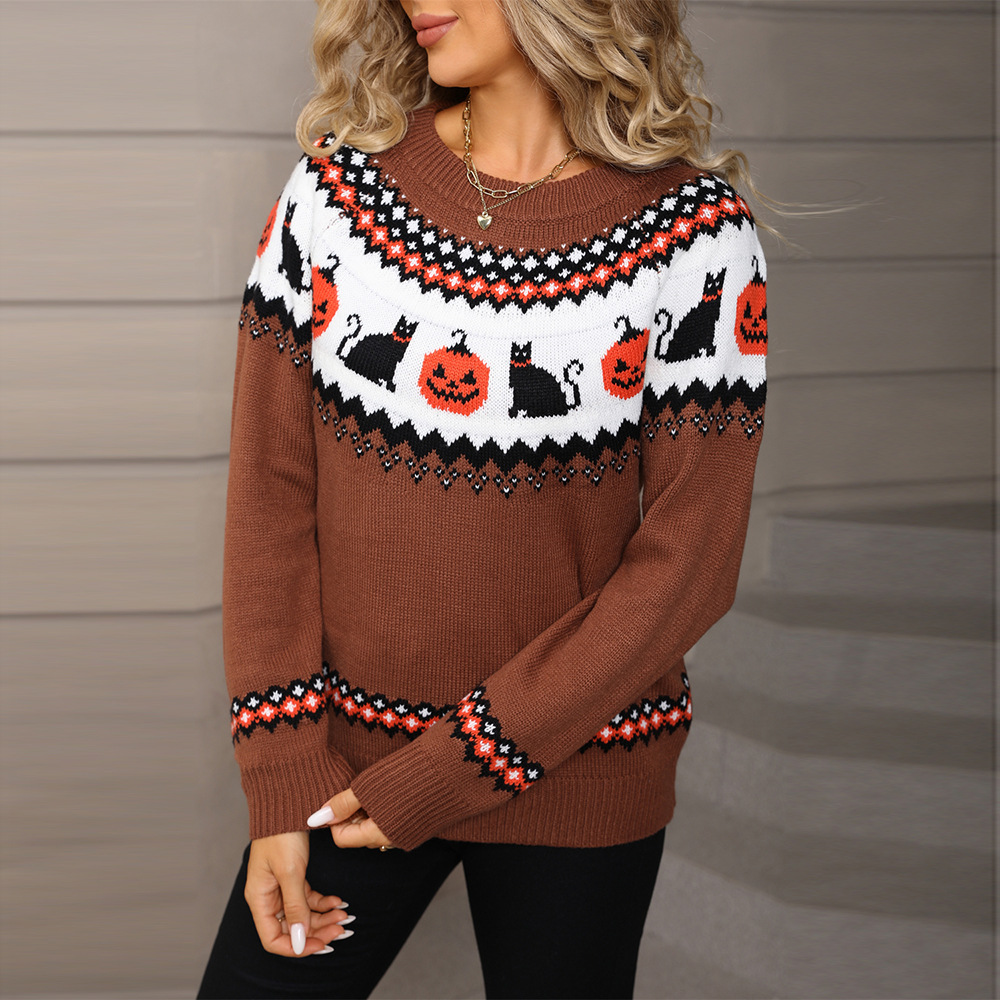 Plus Size Acrylic Jacquard Knit Sweater with Pumpkin Cat Smiley Graphic
