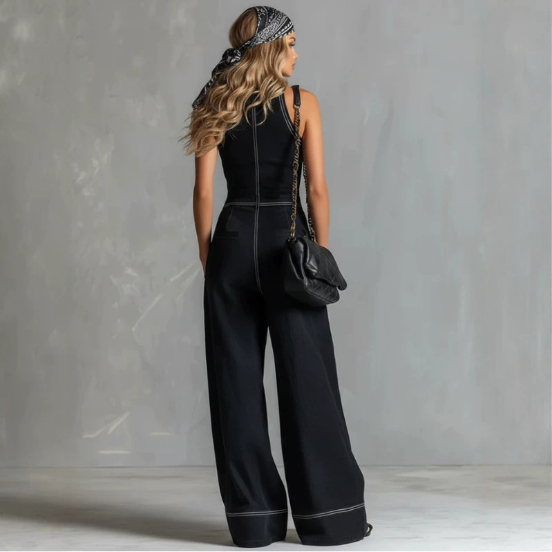 Black Denim Sleeveless Wide-Leg Jumpsuit