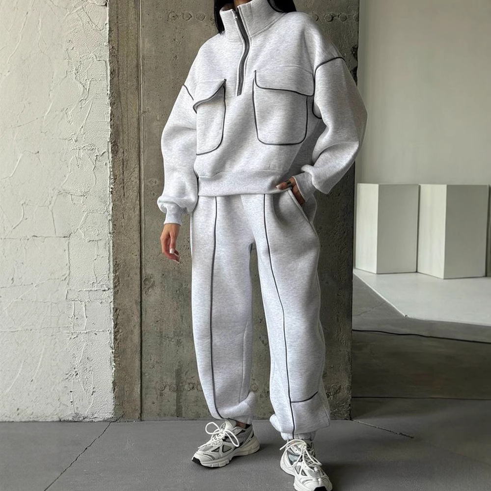 Women's Half-Zip Hoodie and Pants Set with Pockets