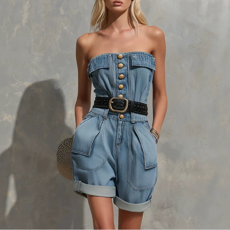 Women's Vintage Blue Off-Shoulder Denim Romper with Pockets