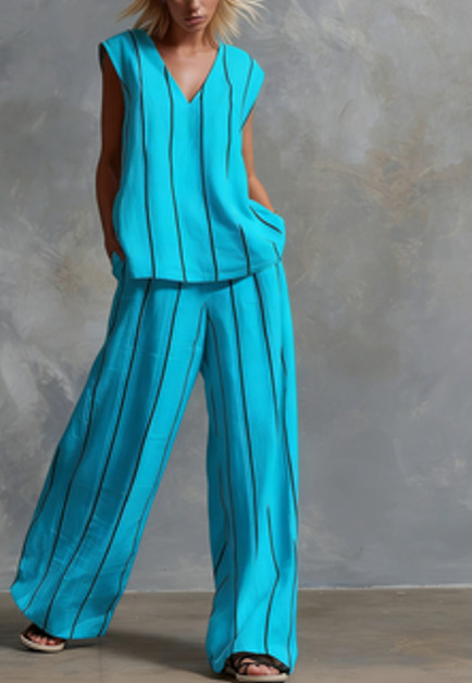 Black and White Vertical Striped Cotton-Linen Two-Piece Wide-Leg Pants Set