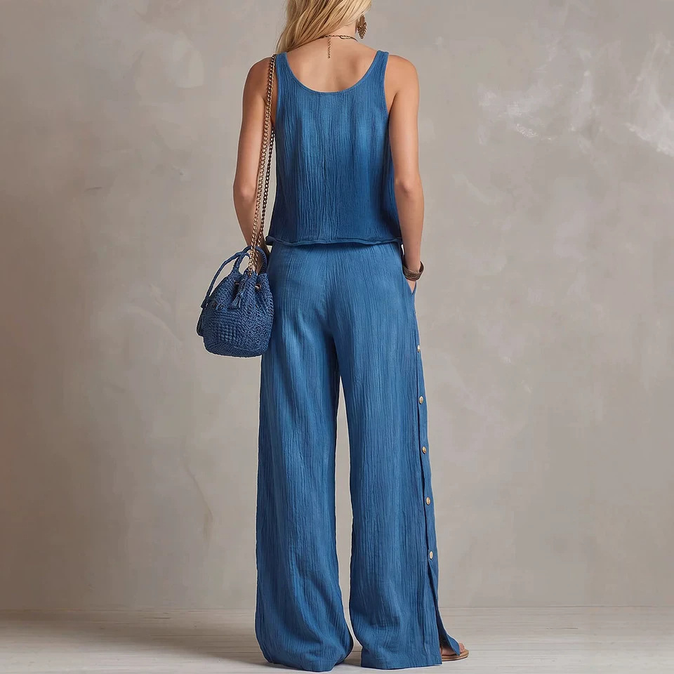Women's Cotton Blend Sleeveless Top & Wide-Leg Pants Set
