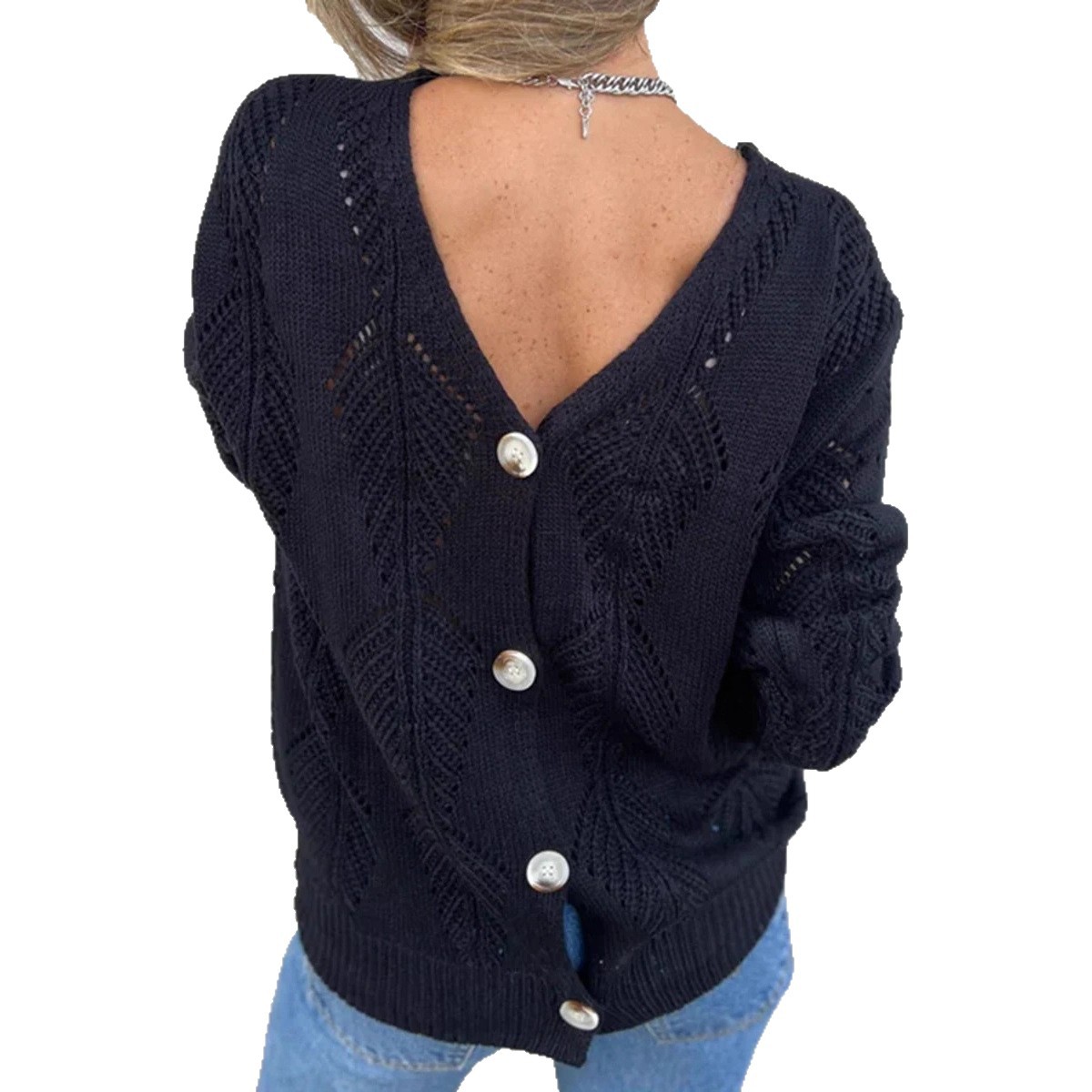 Openwork Leaf V-Neck Long-Sleeve Knit Sweater Women's Loose Double-Sided Wearable