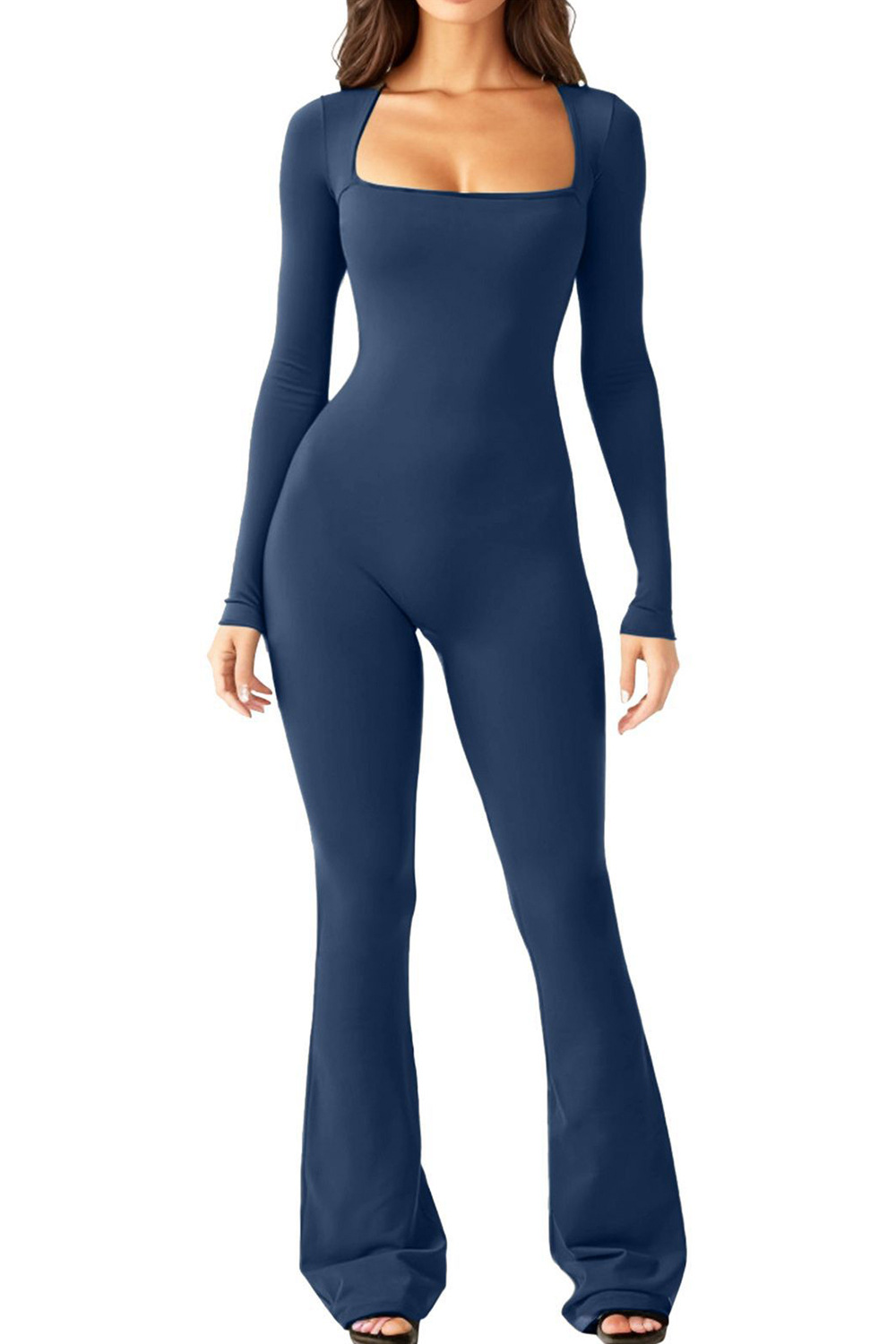 Women's Long Sleeve Square Neck Wide Leg Jumpsuit with Tummy Control and Butt Lifting