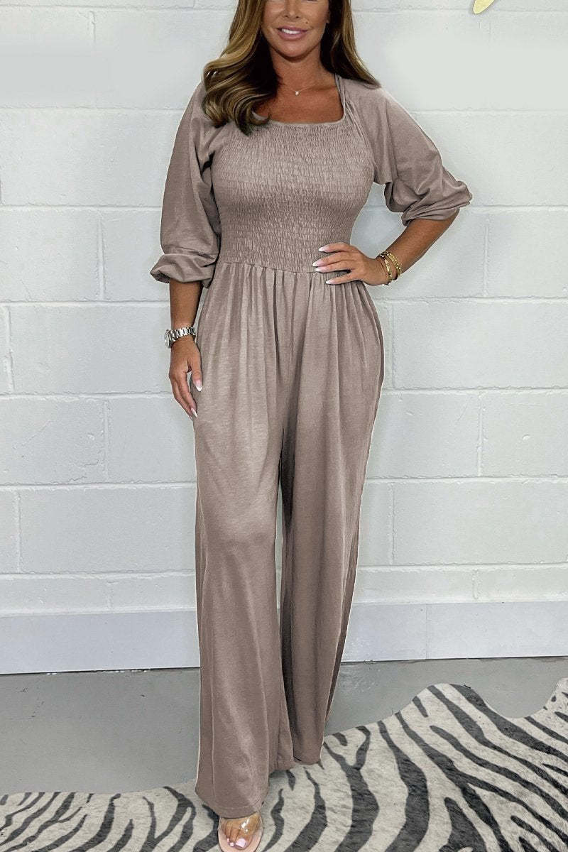 Women's Summer Casual Solid Color Smocked Jumpsuit