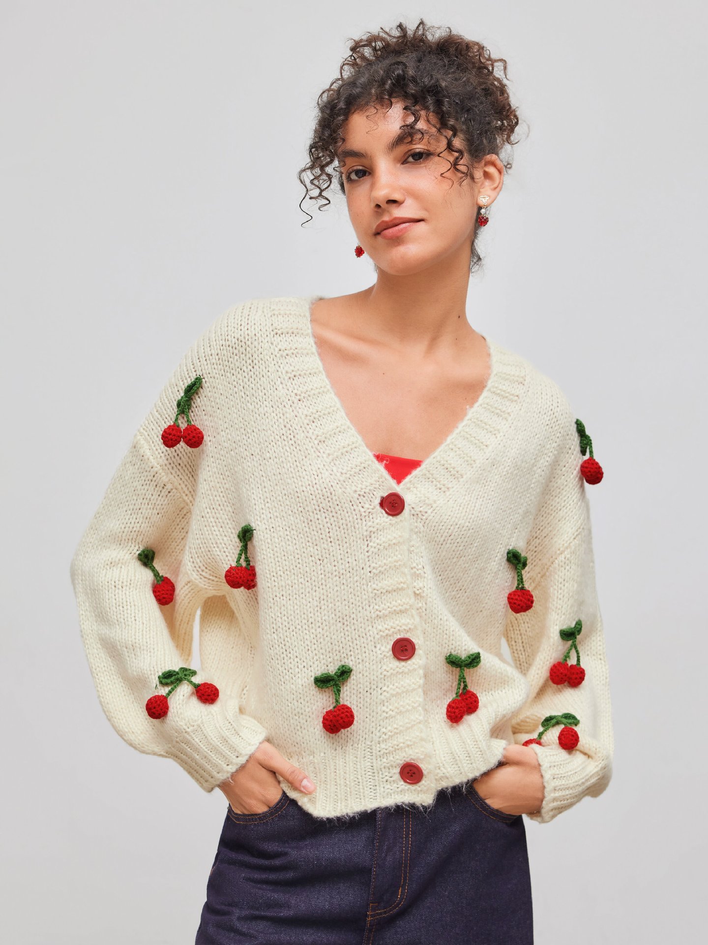 Women's V-Neck Cherry Cardigan Sweater Loose Fit