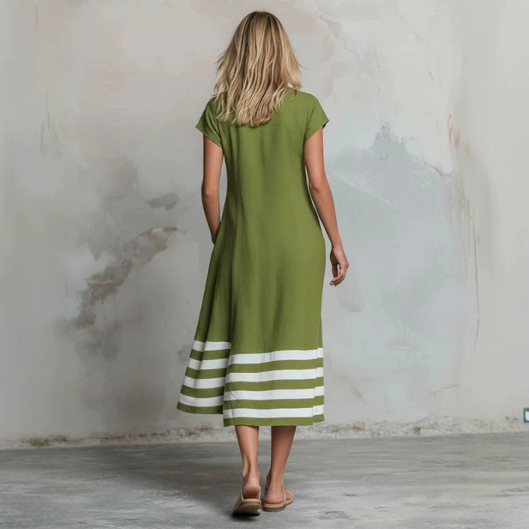 Retro Color-Block Striped Green Crewneck Short-Sleeve Midi Dress