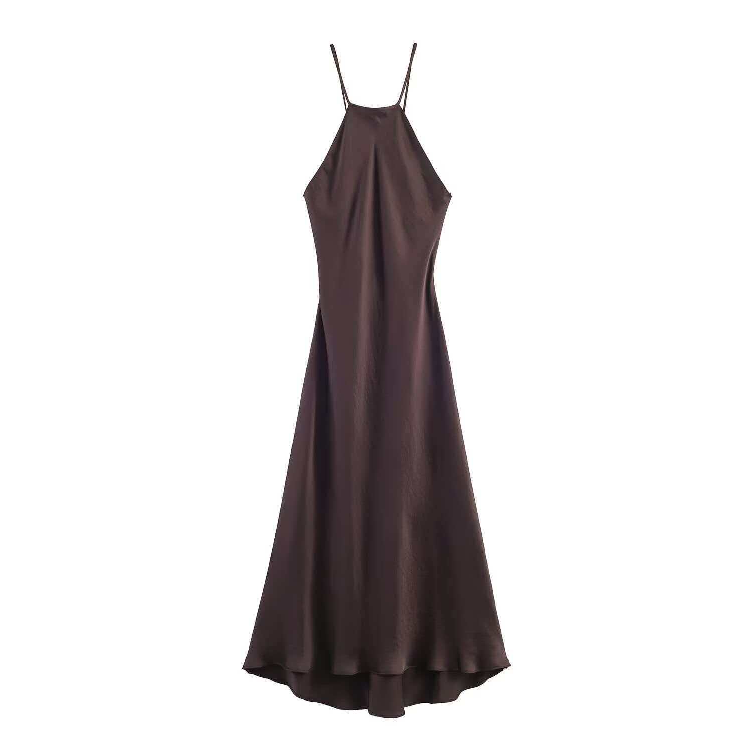 Women's Satin-Feel Halter Neck Bodycon Midi Dress