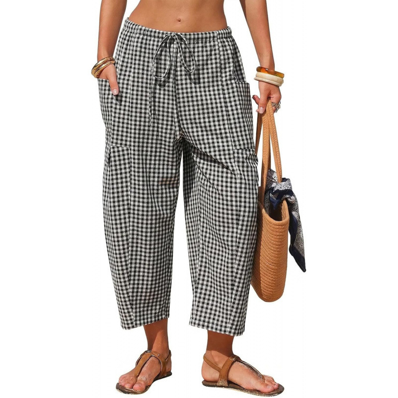 Linen-Blend Plaid Wide-Leg Cropped Pants with Pockets