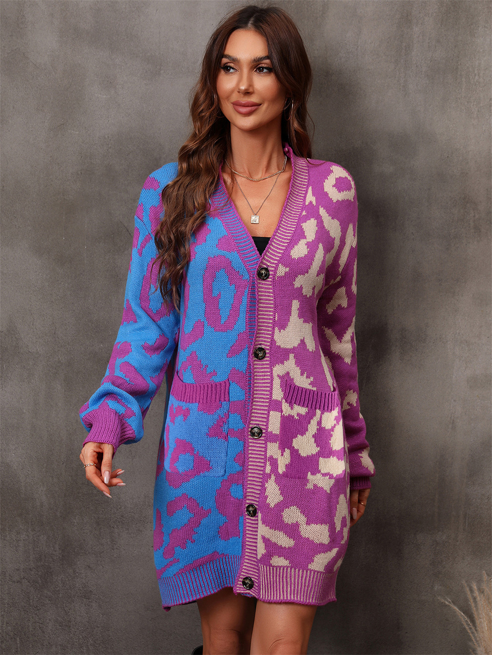 Leopard Print Color Block Knit Cardigan Mid-Length Women's Sweater