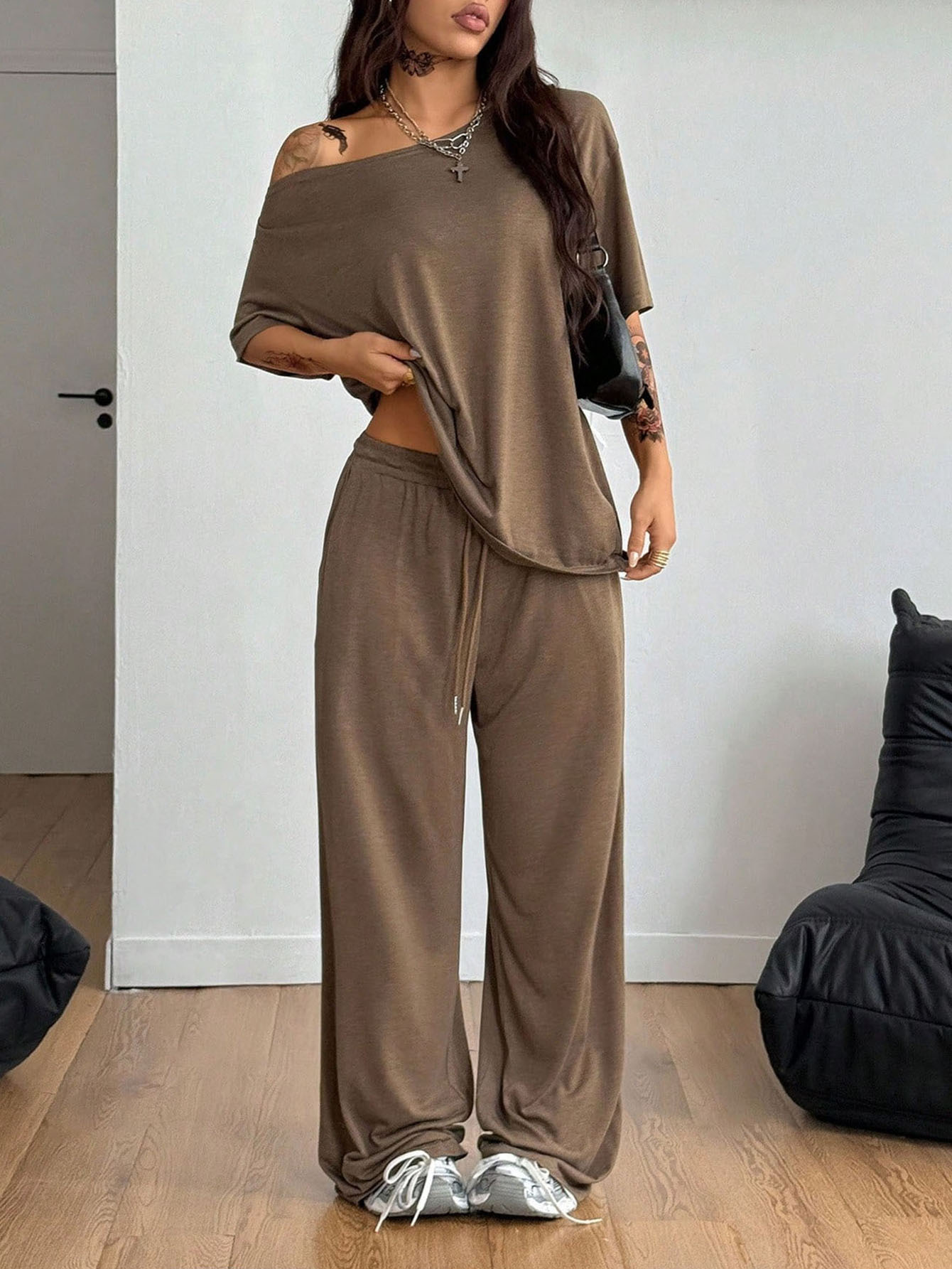Women's High-Waist Wide-Leg Sweatpants Set Solid Color