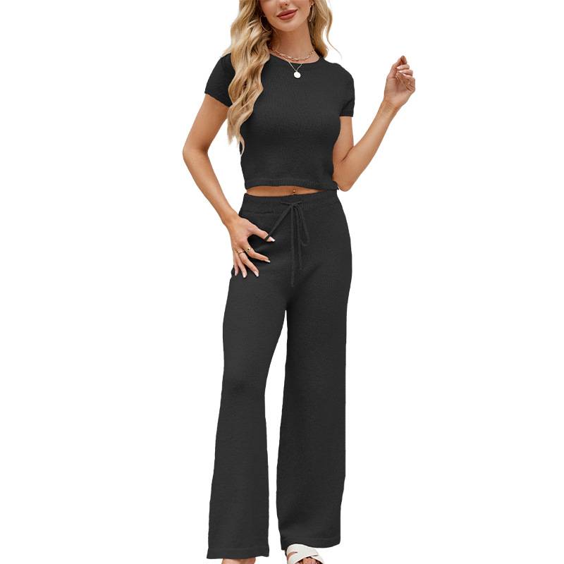 Women's Solid Knit Short Sleeve Top and Pants Set