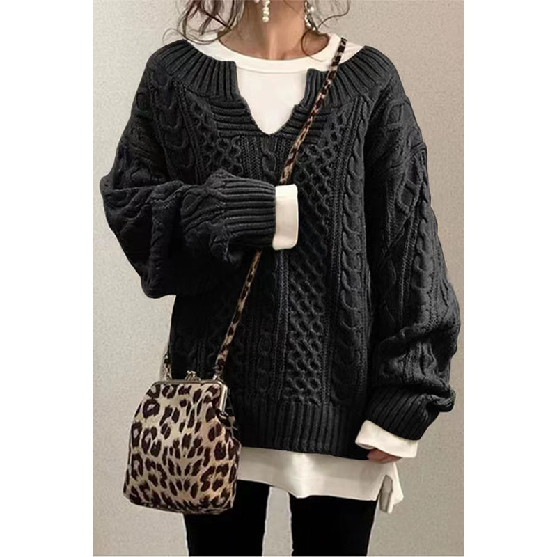 Cable-Knit Loose-Fit V-Neck Women's Sweater