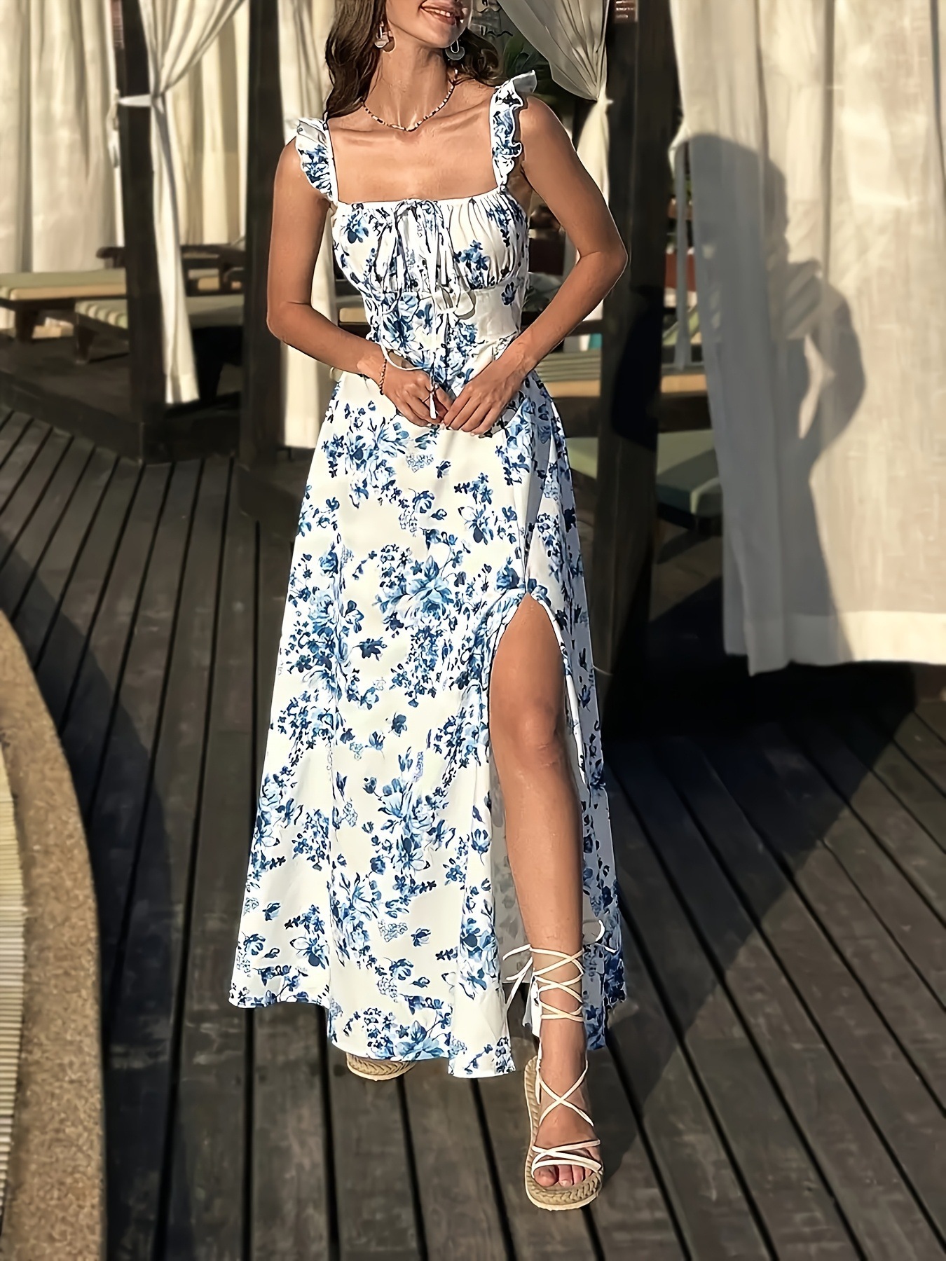 Women's Floral Print Square Neck High Slit Tie Back Maxi Dress