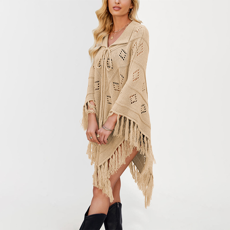 Fringed Knit Cape Sweater with Lapel Collar