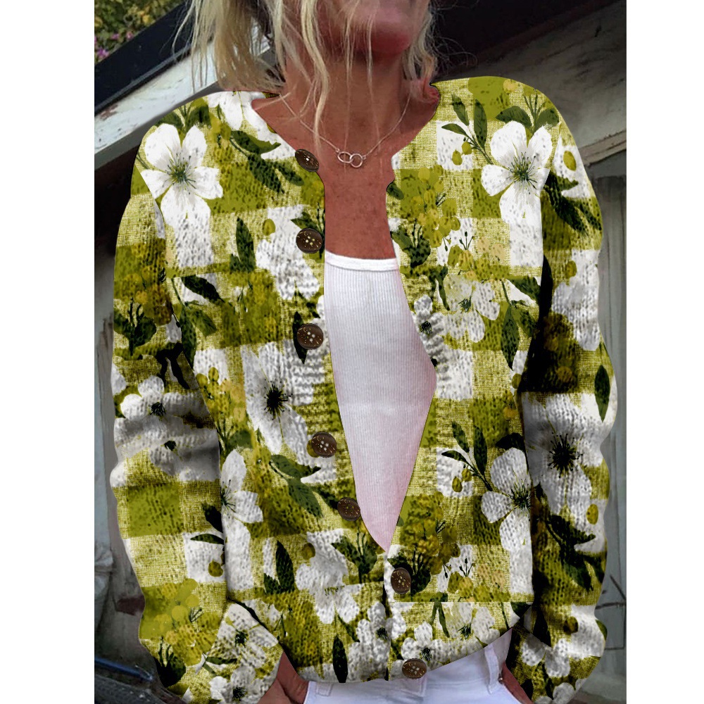 Women's Plaid Floral Print Button-Down Cardigan Sweater