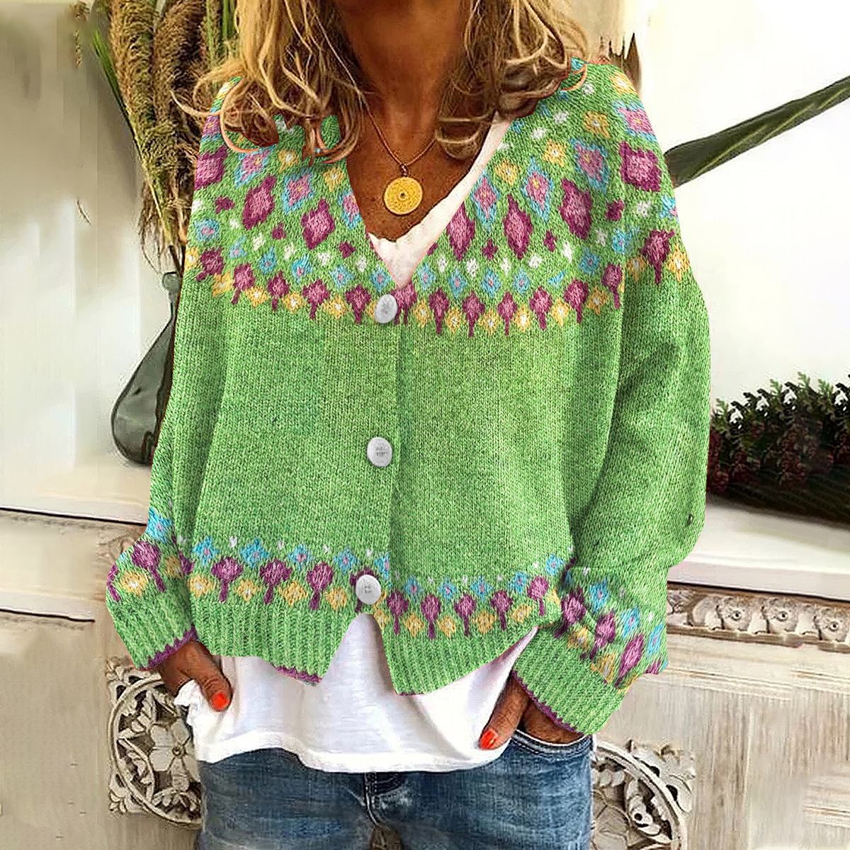 Abstract Print Open-Front Cardigan Sweater