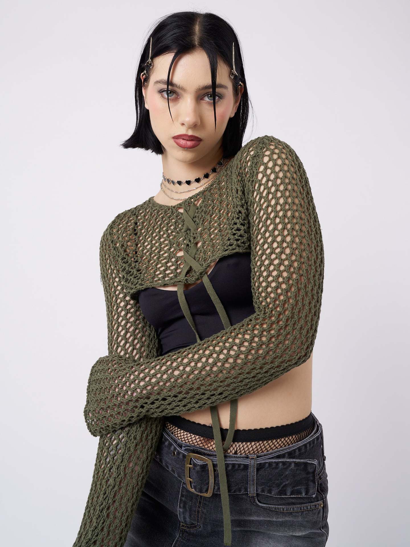 Women's Hollow-Out Sun Protection Cardigan with Tie Strap Long Sleeve Cropped Knit Top
