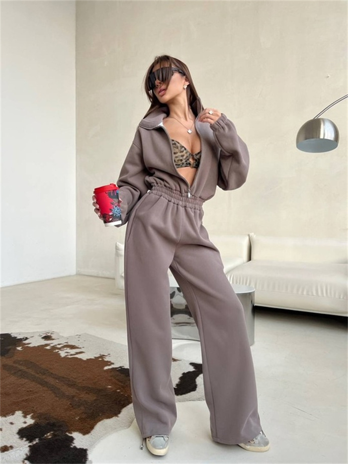 Women's Solid Color Long Sleeve Zip Neck Wide Leg Jumpsuit
