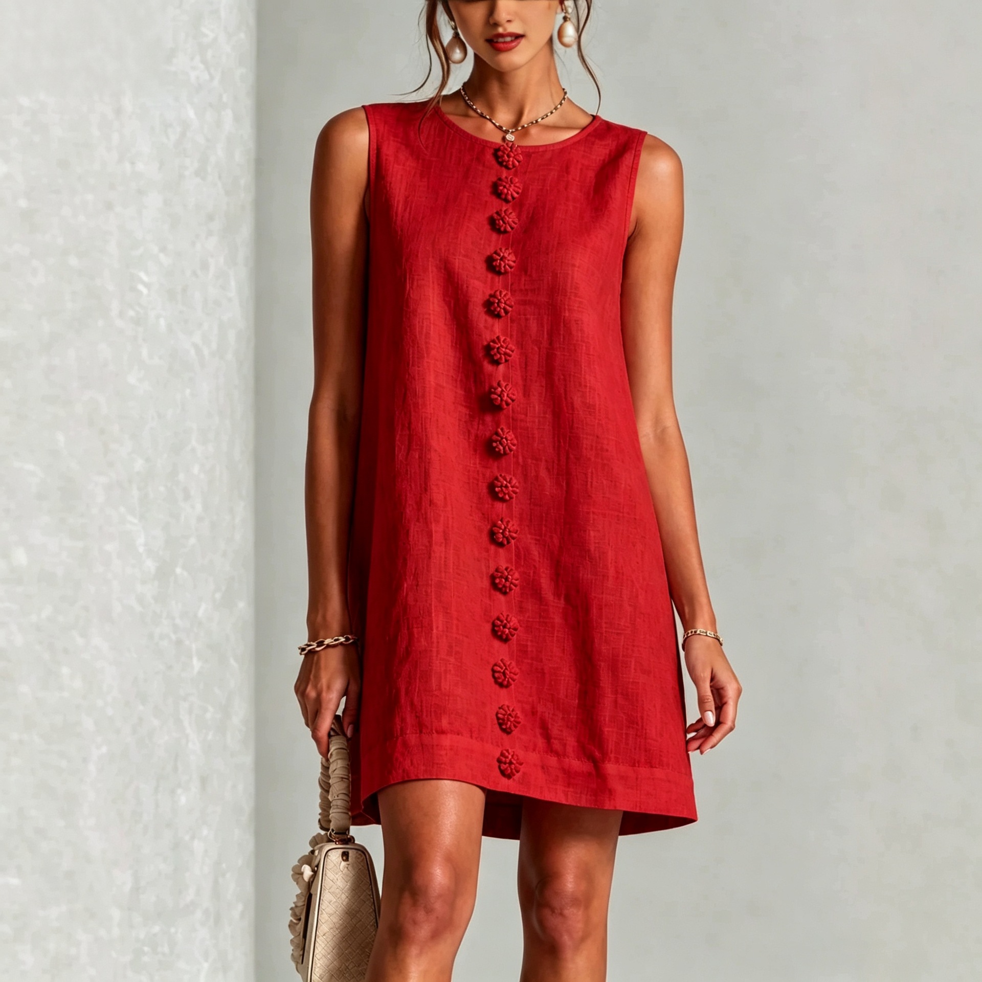 Women's Sleeveless A-Line Mini Dress Solid Crew Neck Casual