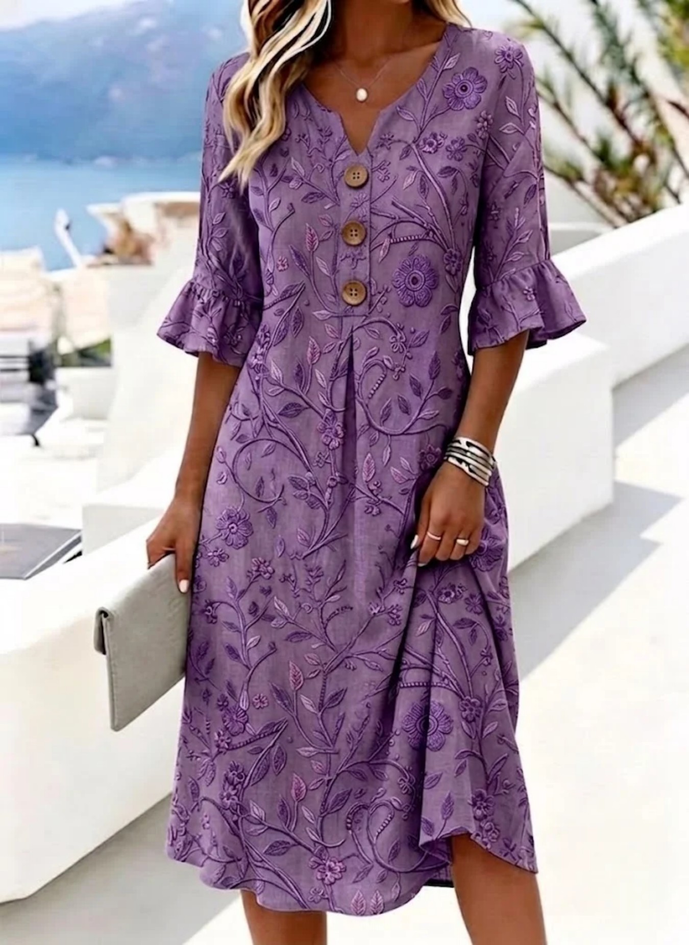 Women's Floral Print Button Midi Dress
