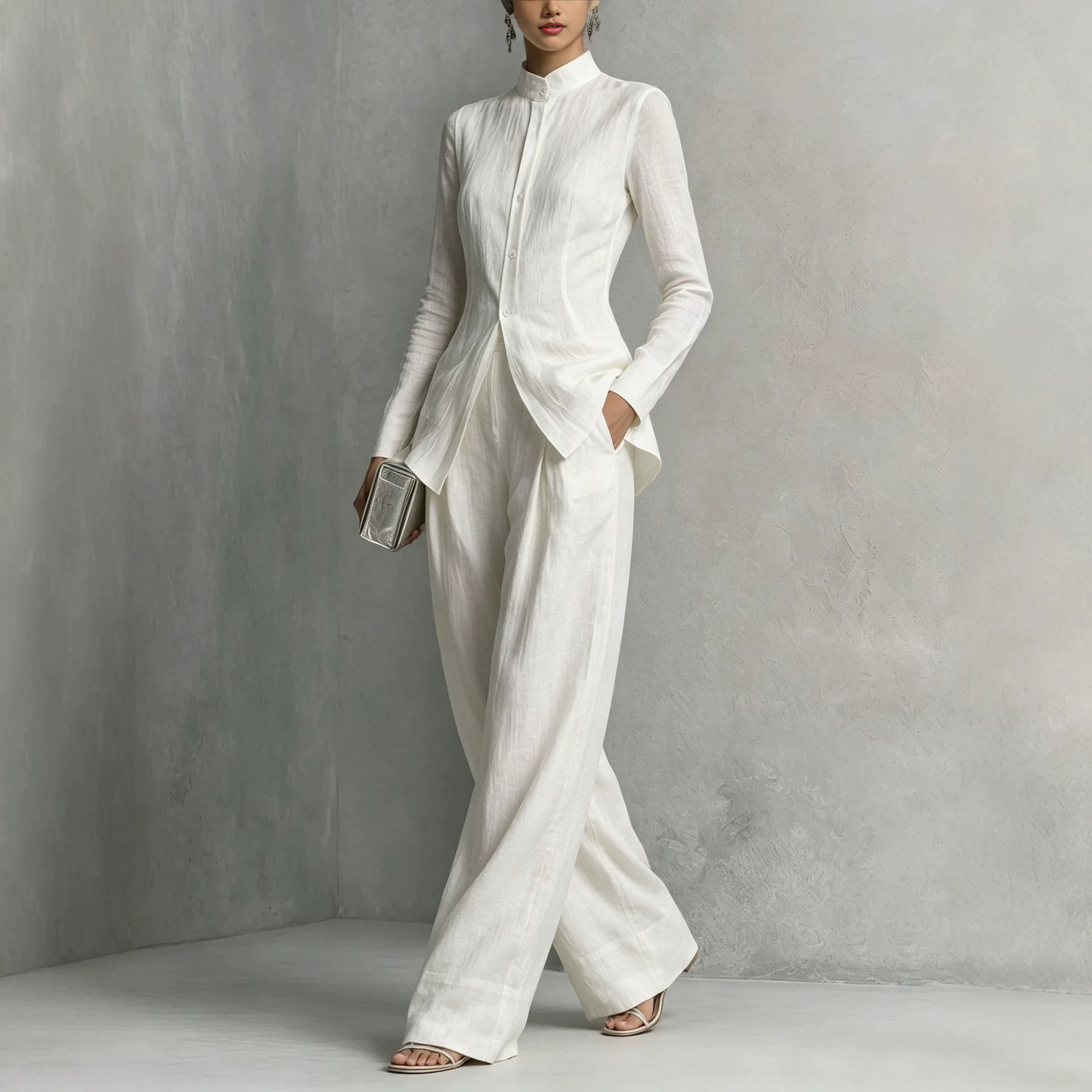 Women's French Stand Collar Long Sleeve Fitted Shirt and Wide Leg Pants Set Minimalist Two-Piece