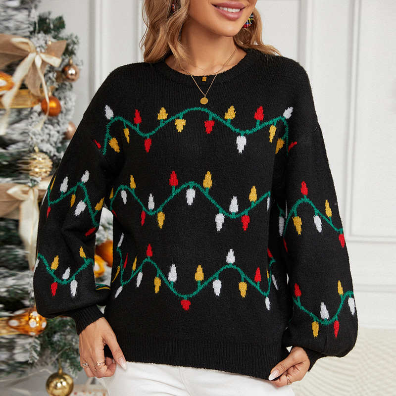 Christmas Light Bulb Print Sweater Women's Loose Knit Pullover
