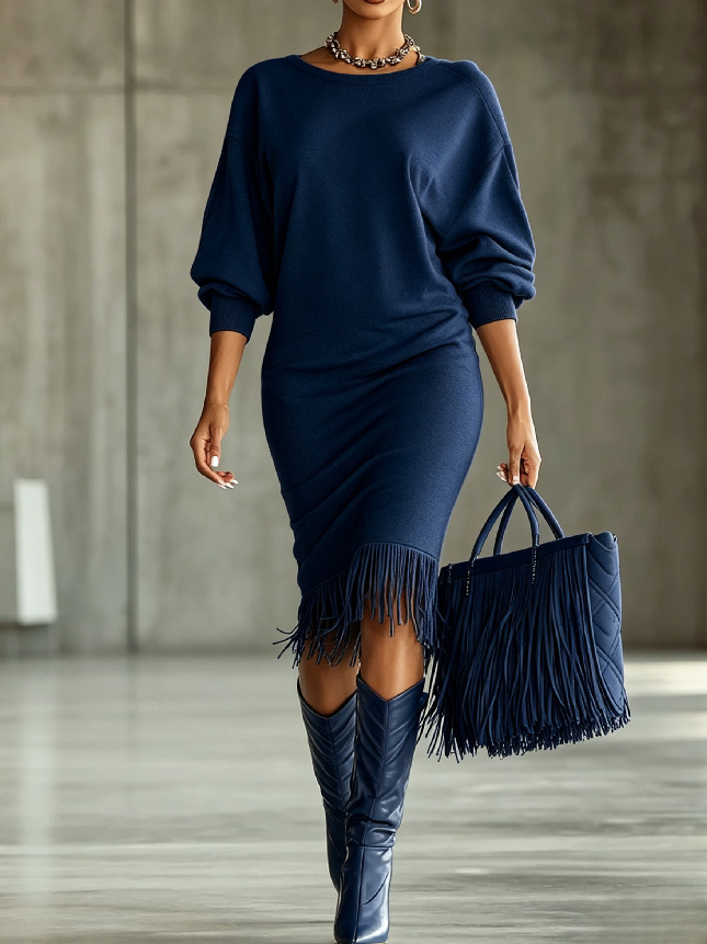 Women's Midi Fringe Dress Crew Neck Long Sleeve A-Line