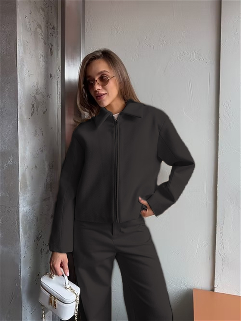 Women's Wool-Blend Zip Jacket with Lapel Collar Long Sleeve Loose Casual
