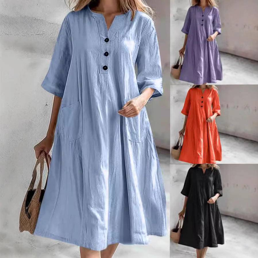 Women's Midi V-Neck Half-Sleeve Cotton-Linen Loose A-Line Dress with Three-Button Pocket