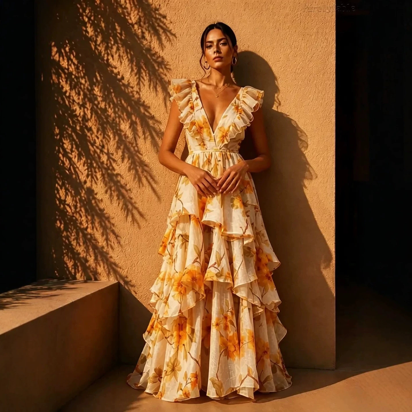 Yellow Floral Sleeveless Deep V Ruffle Tiered Maxi Dress