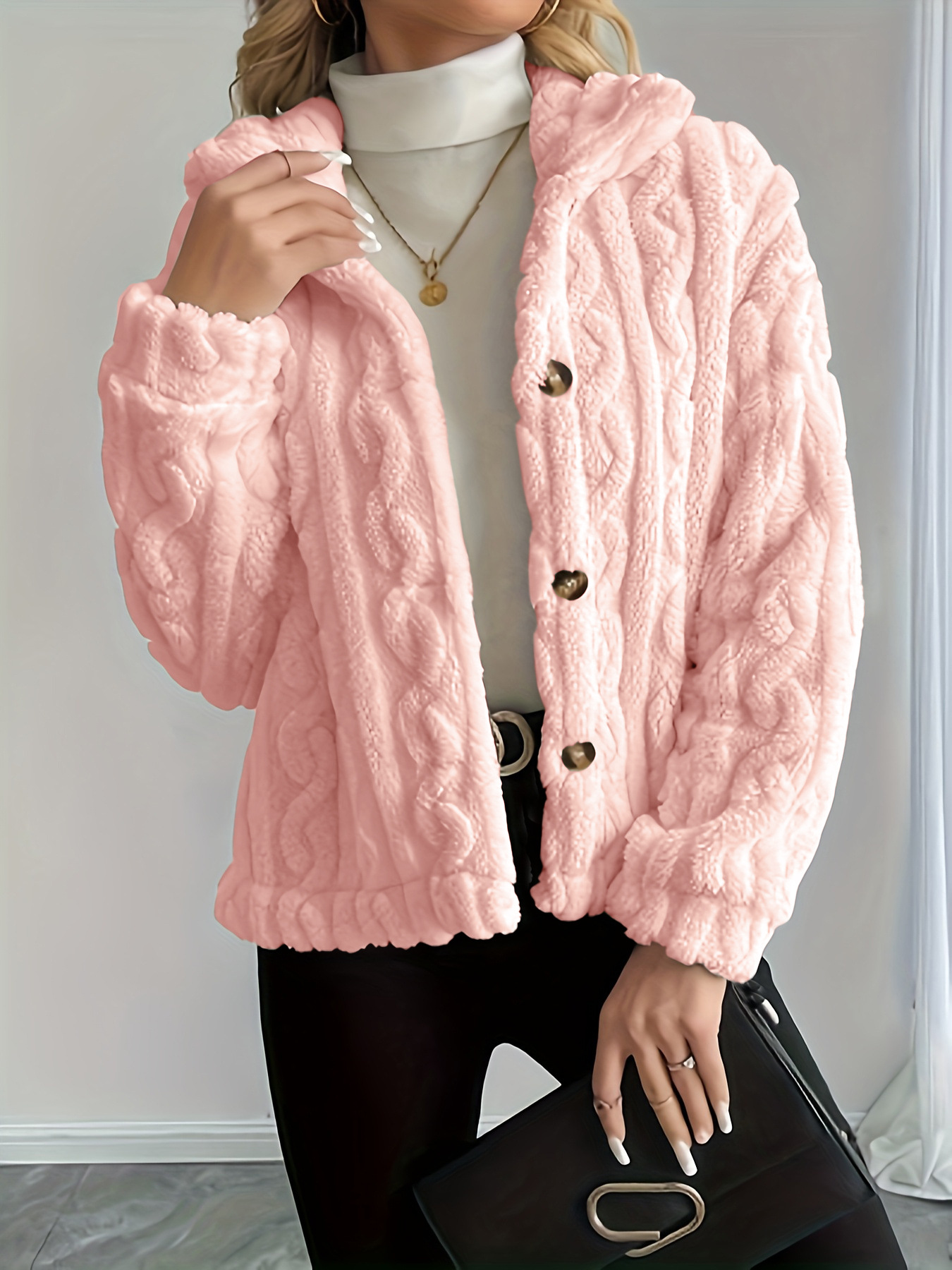Double-Sided Fleece Cable-Knit Women's Jacket Cozy Warm Button-Up Coat