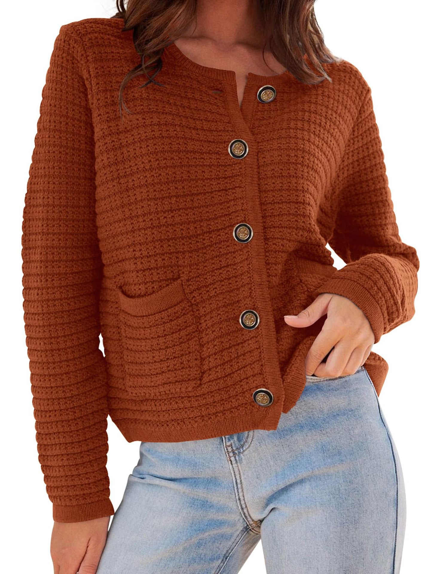 Women's Chic Knit Cardigan Short Crew Neck Single-Breasted Coat