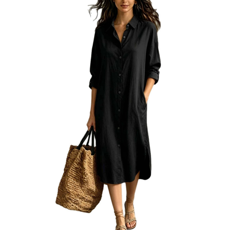 Women's Loose Cotton-Linen Shirt Dress with Pockets